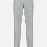 Back view of the Malcom Wool Silk Donegal Trouser Pant in light grey, featuring belt loops, two buttoned back pockets, and a tailored fit, made in Italy and shown against a white background.