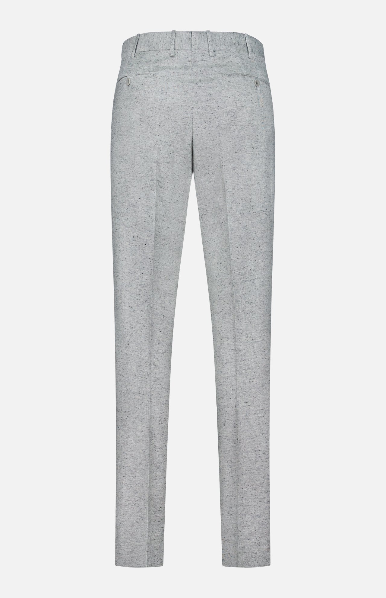 Back view of the Malcom Wool Silk Donegal Trouser Pant in light grey, featuring belt loops, two buttoned back pockets, and a tailored fit, made in Italy and shown against a white background.