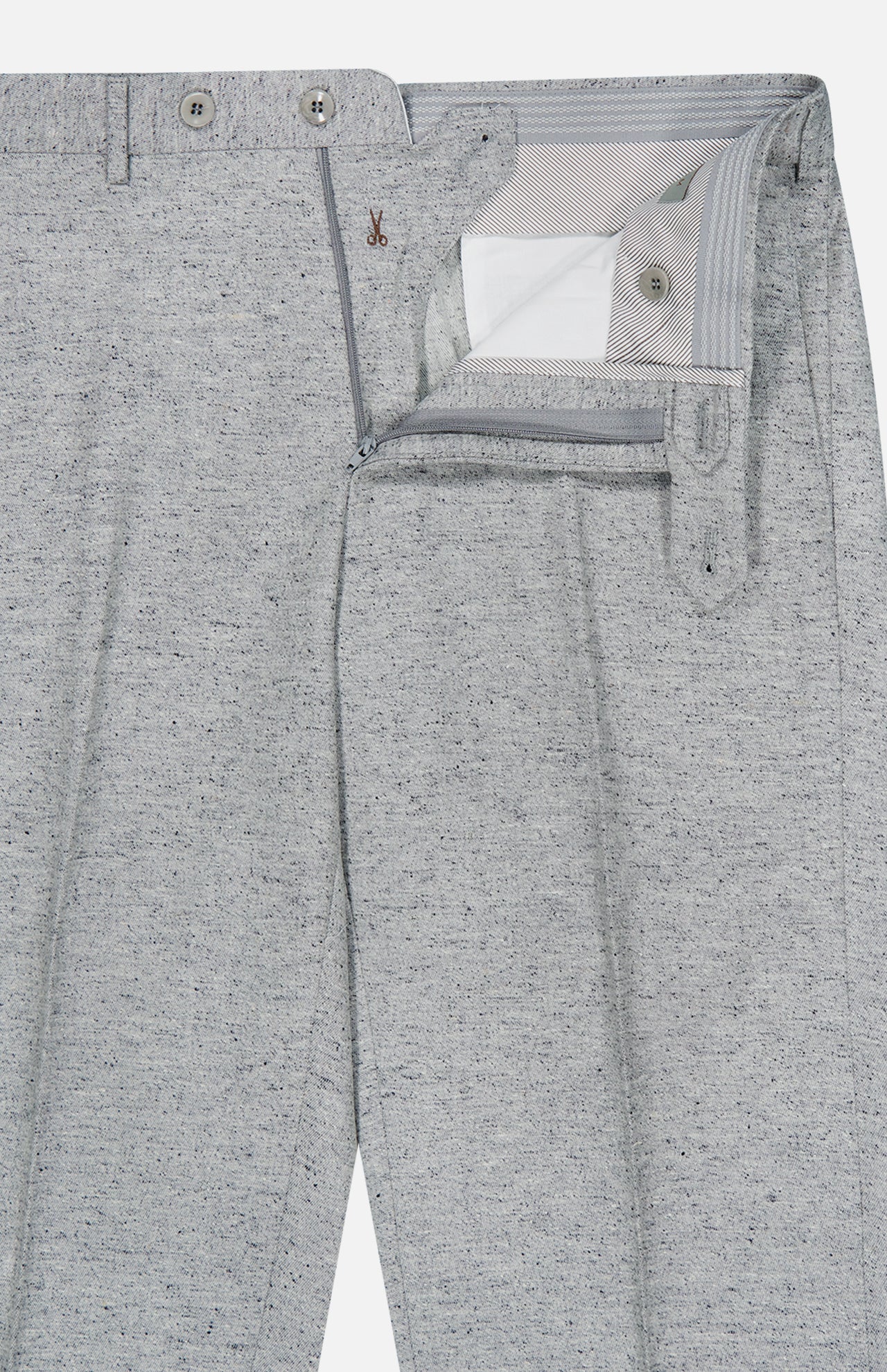 Crafted in Italy, the Malcom Wool Silk Donegal Trouser Pant features a light gray wool-blend with a subtle textured pattern. Shown with the waistband open to reveal the zipper, button, and inner lining details, these luxury trousers offer an elevated look and feel.