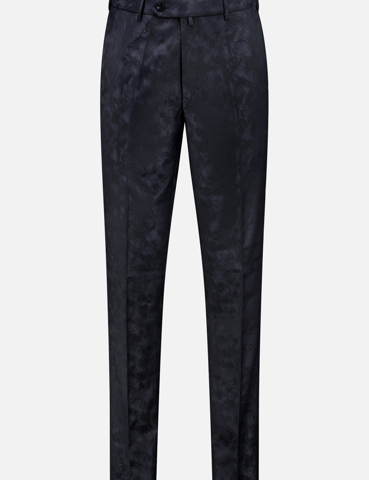 Malcom’s Wool Stretch Trouser Pant features a straight-leg cut and a subtle textured pattern, finished with a front button and zipper closure. Crafted for timeless sophistication, these luxury trousers are showcased against a plain white background.