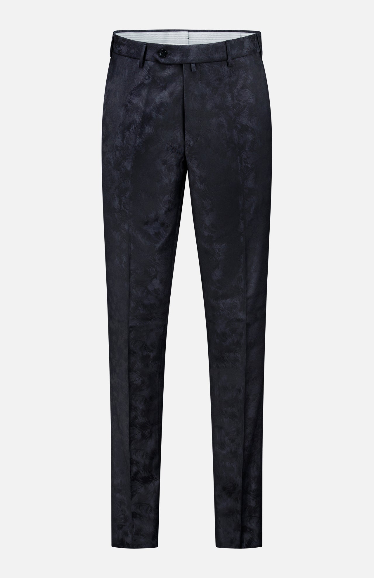Malcom’s Wool Stretch Trouser Pant features a straight-leg cut and a subtle textured pattern, finished with a front button and zipper closure. Crafted for timeless sophistication, these luxury trousers are showcased against a plain white background.