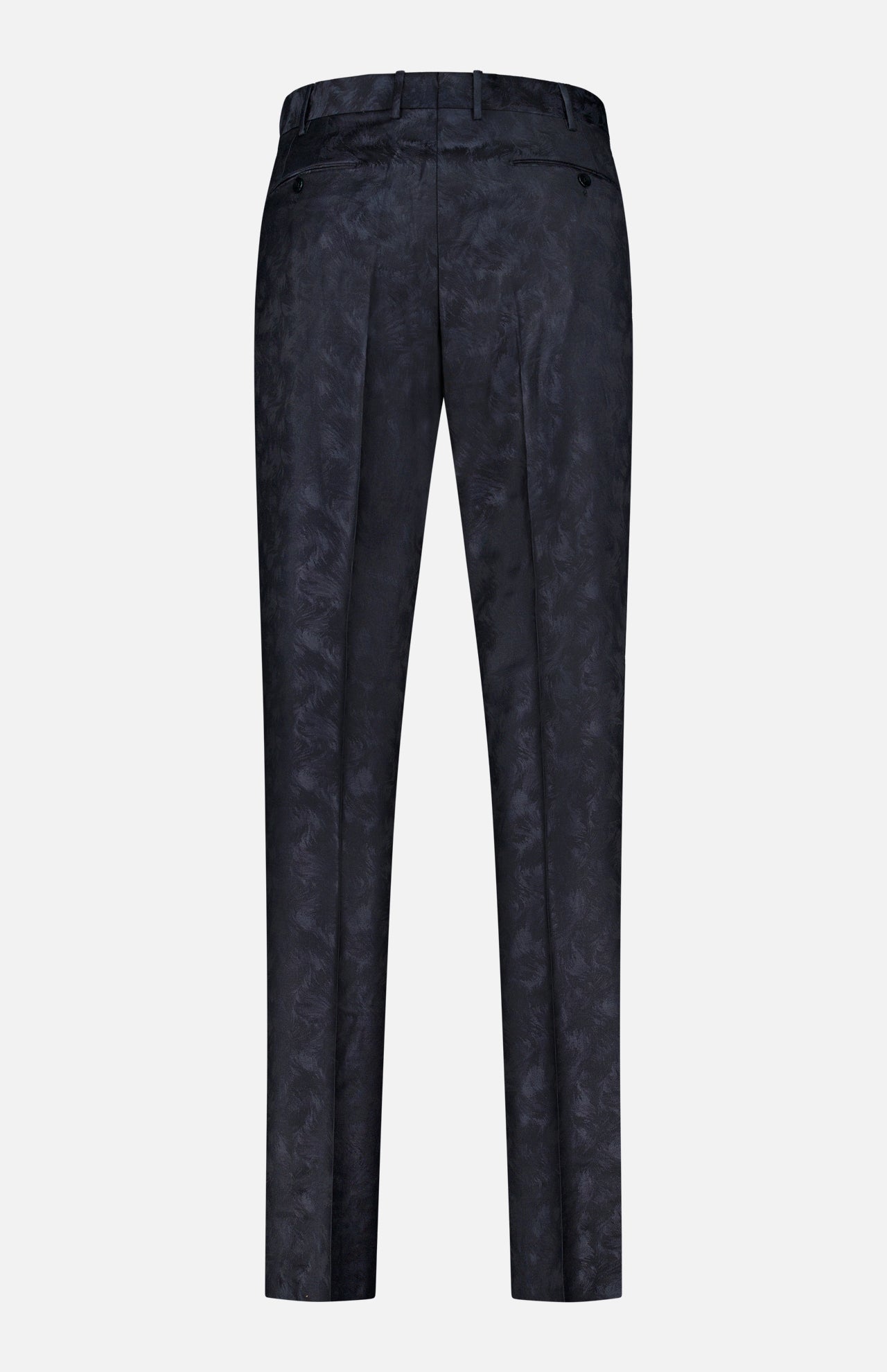 Back view of the Malcom Wool Stretch Trouser Pant in a dark, patterned design, featuring belt loops, two buttoned back pockets, and a tailored fit, displayed on a plain light background.