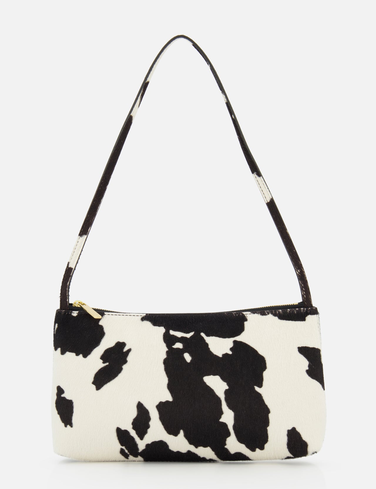 The Gaia Cow Print Shoulder Bag by MANSUR GAVRIEL is a small rectangular black and white handbag with a single strap and bold animal print, shown on a plain white background.