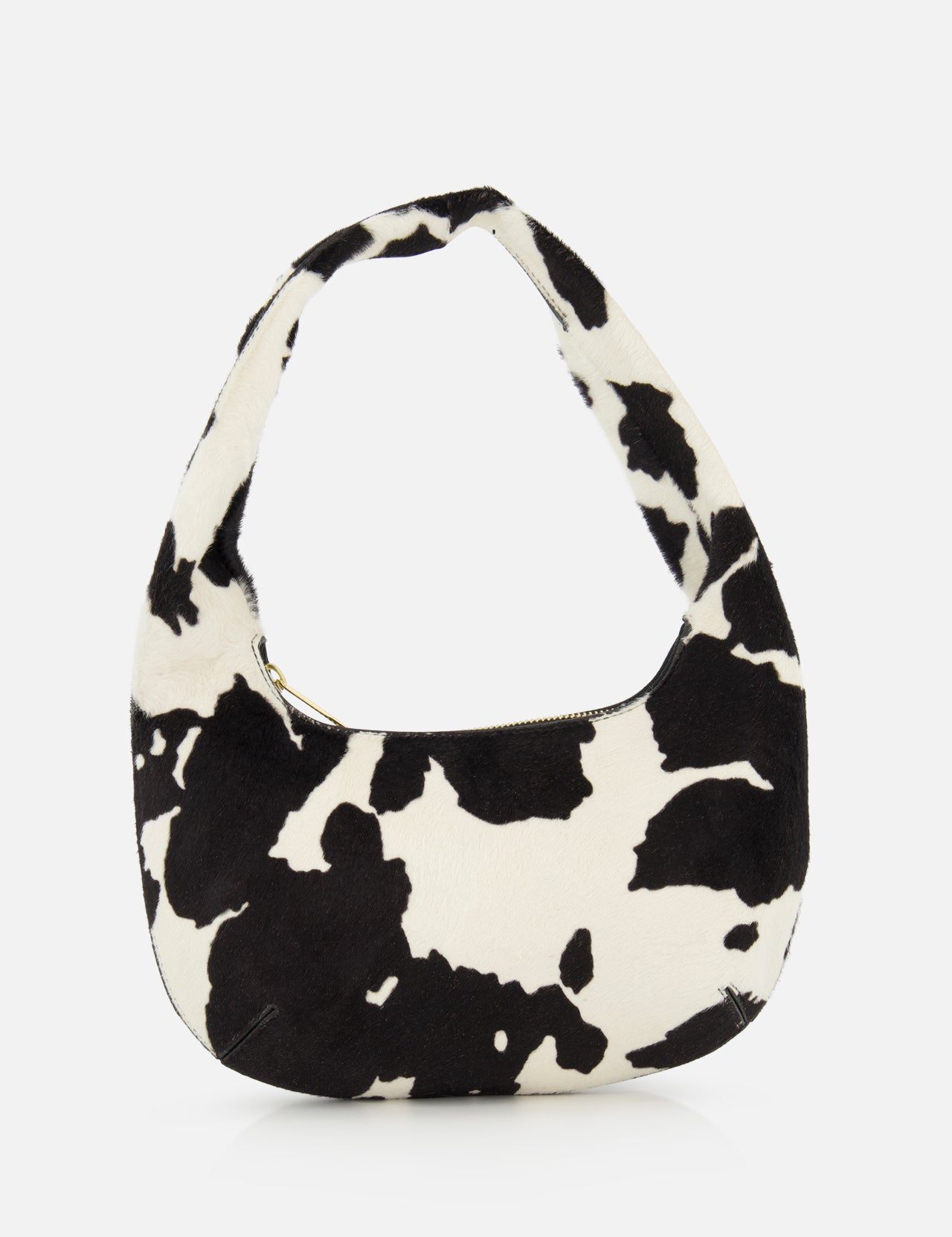 The MANSUR GAVRIEL Mini Gnocchi Cow Print Bag features a black and white animal print, a curved hobo silhouette, and a top zipper closure.