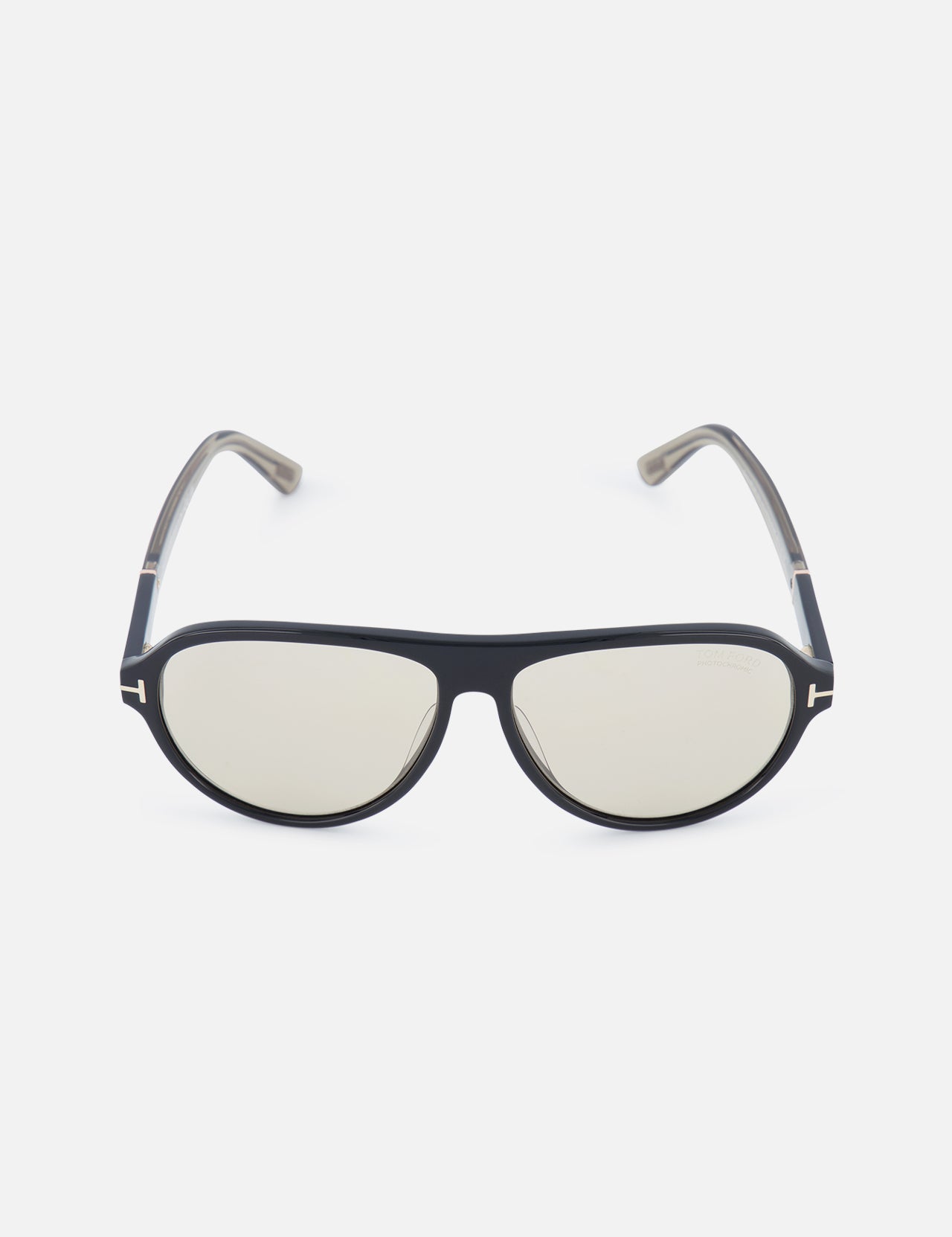 TOM FORD Aviator Black Sunglasses feature light lenses and subtly curved arms, highlighted as premium designer eyewear against a white background.