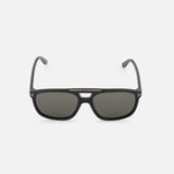 Tom Ford Brianna Aviator Black Sunglasses featuring smoke lenses, a thin metallic double bridge, and gold-tone T-shaped hinges at the temples.