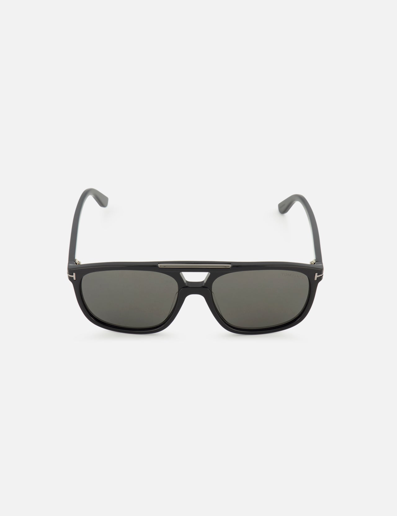 Tom Ford Brianna Aviator Black Sunglasses featuring smoke lenses, a thin metallic double bridge, and gold-tone T-shaped hinges at the temples.