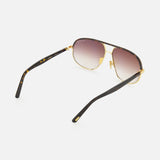 Rear view of Tom Ford Caine Rectangle Gold Sunglasses featuring gold-rimmed rectangular frames, gradient brown lenses, and dark tortoiseshell-patterned temples.