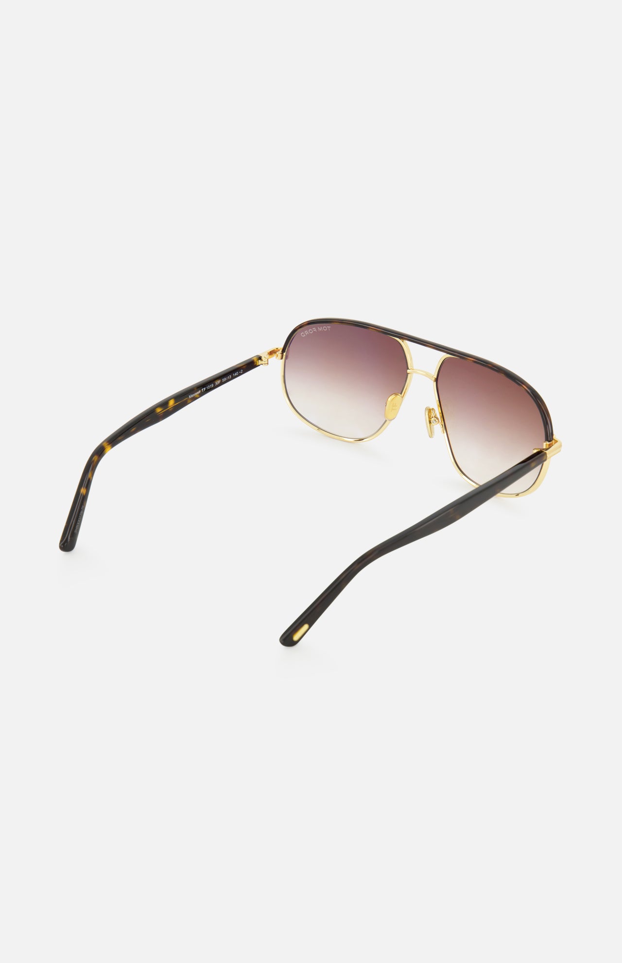Rear view of Tom Ford Caine Rectangle Gold Sunglasses featuring gold-rimmed rectangular frames, gradient brown lenses, and dark tortoiseshell-patterned temples.