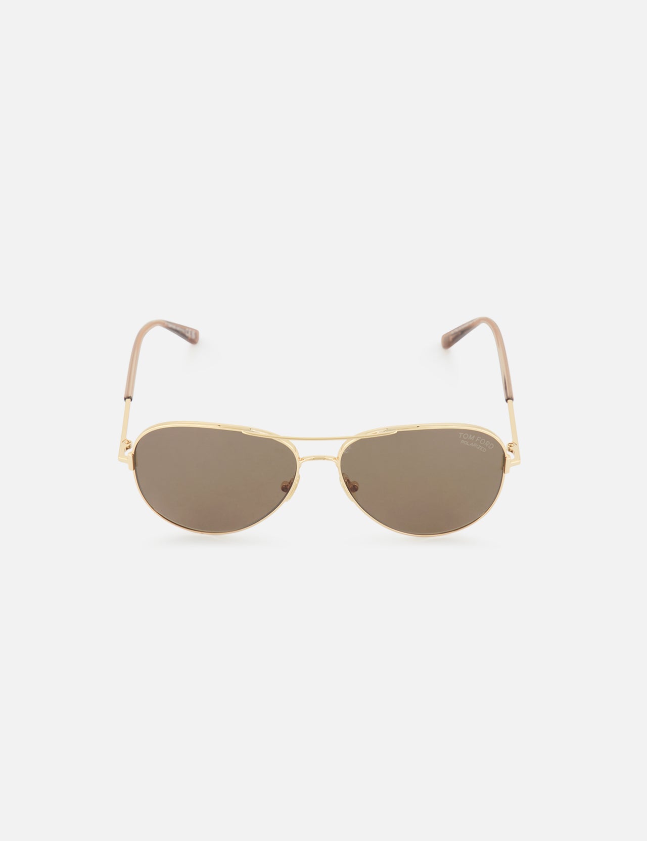 Tom Ford Clark Aviator Gold sunglasses with a metal double bridge and brown lenses.