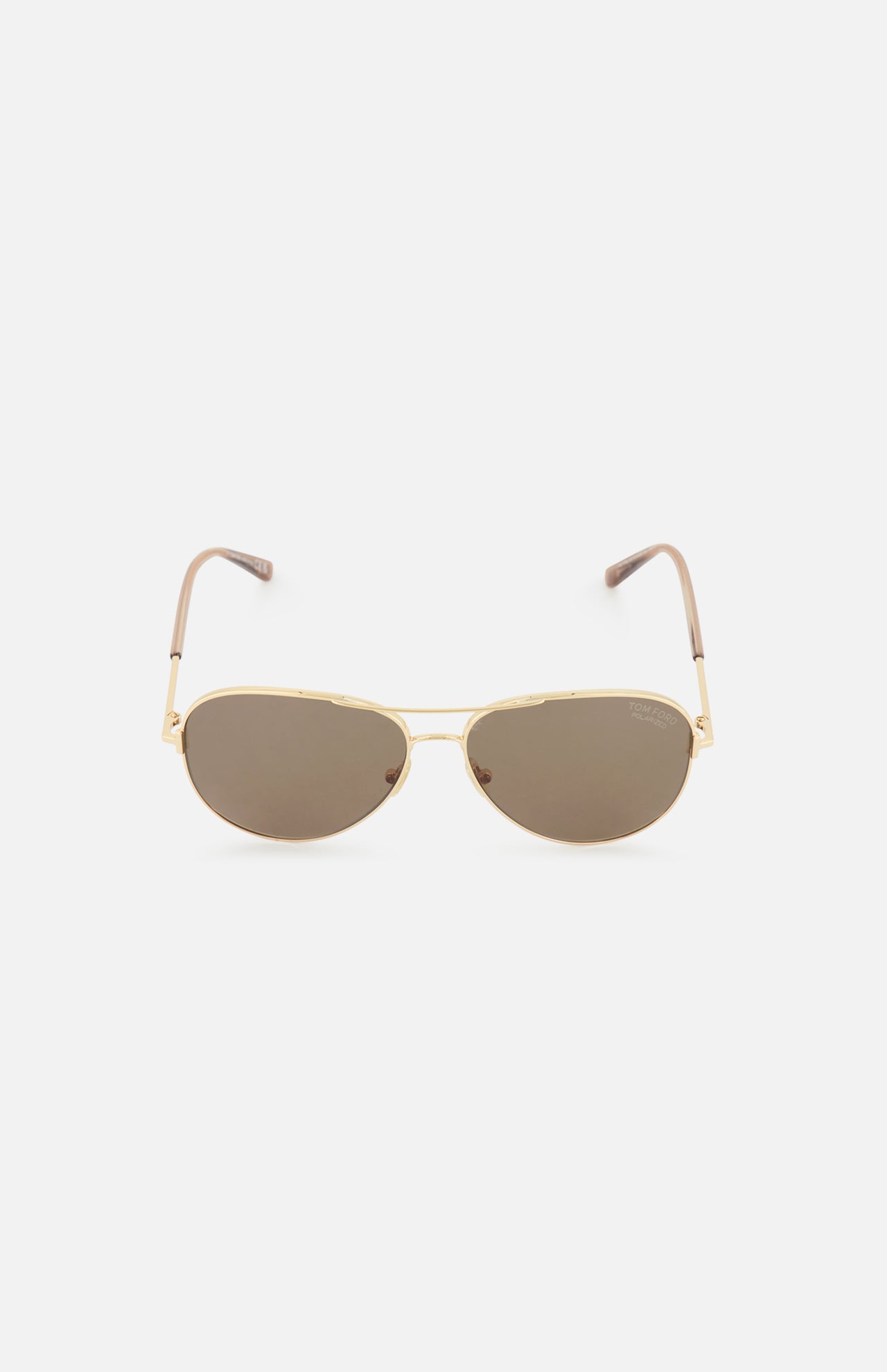 Tom Ford Clark Aviator Gold sunglasses with a metal double bridge and brown lenses.