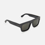Tom Ford Fausto Square Black Sunglasses featuring a black square-frame acetate design with dark lenses and gold-tone T-shaped temple accents.