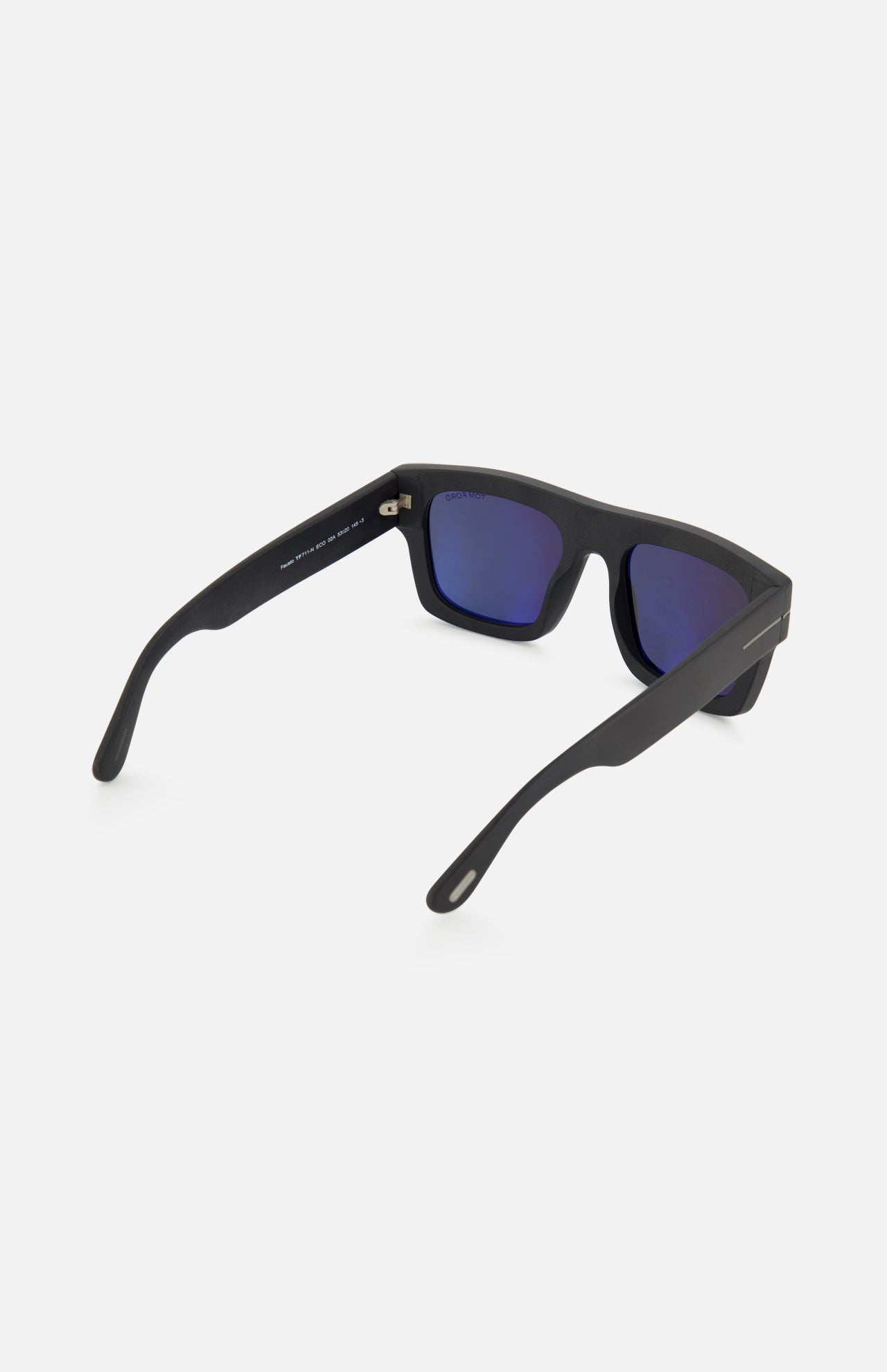 Tom Ford Fausto Square Black Sunglasses in a matte black square-frame design with blue mirrored lenses, seen from a rear-angle view.