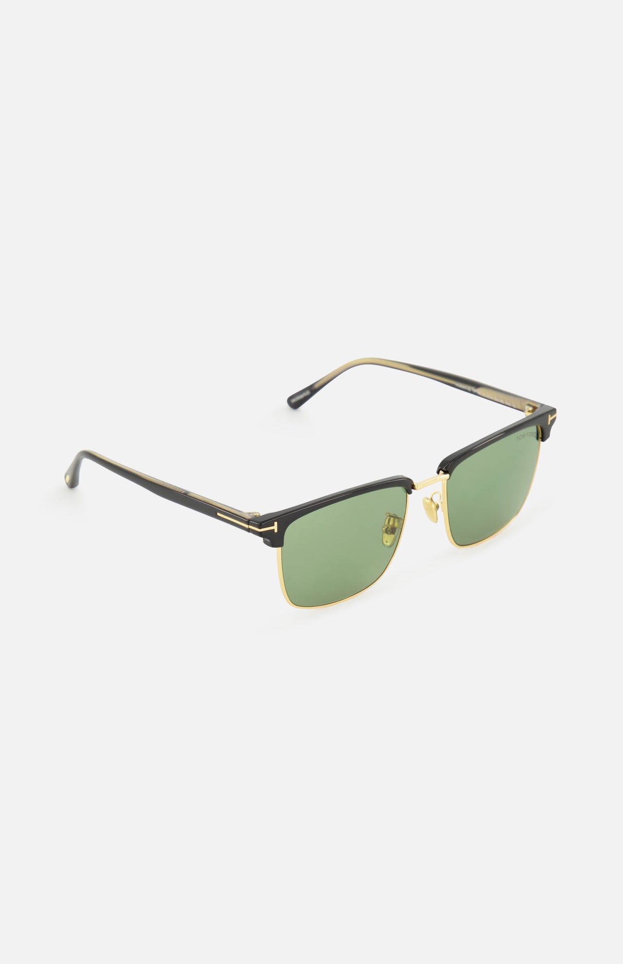 Tom Ford Hudson Aviator Black Sunglasses with black and gold-tone frames and green lenses, made in Italy.