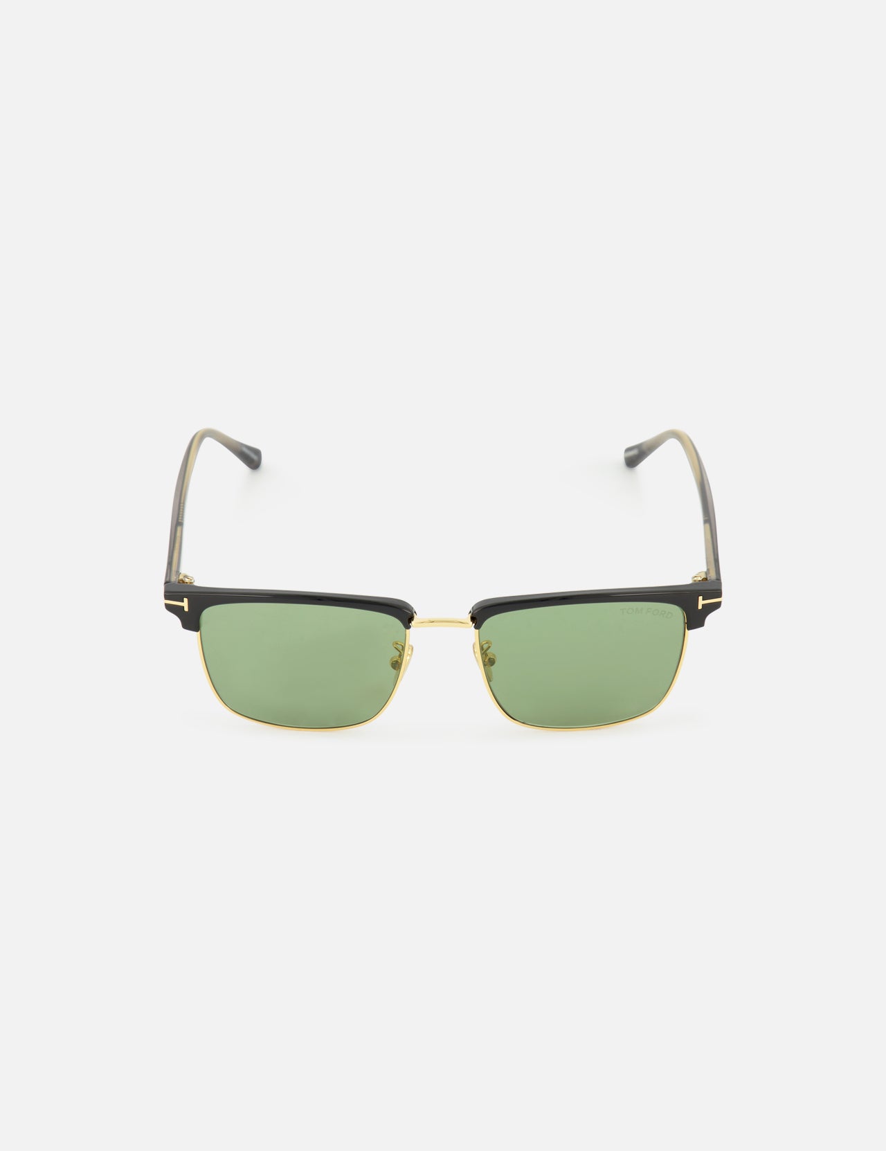 Tom Ford Hudson Aviator Black Sunglasses with gold-rimmed black frames, brow bars, and green-tinted lenses.