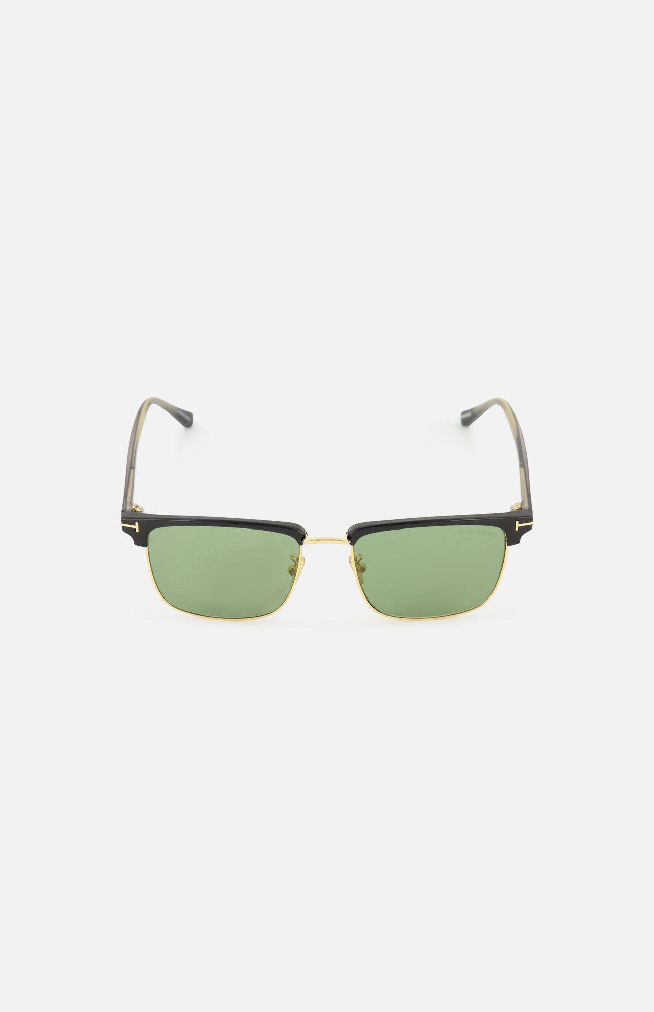 Tom Ford Hudson Aviator Black Sunglasses with gold-rimmed black frames, brow bars, and green-tinted lenses.