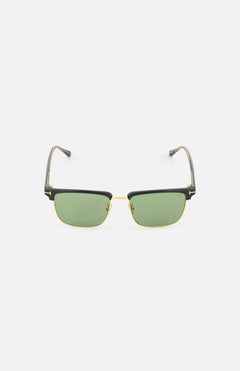 Tom Ford Hudson Aviator Black Sunglasses with gold-rimmed black frames, brow bars, and green-tinted lenses.