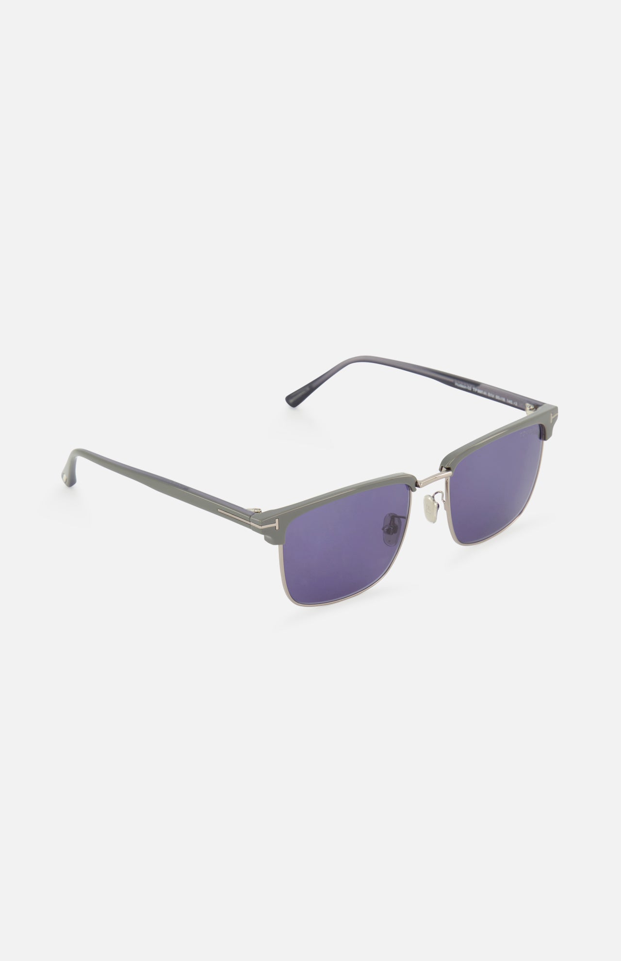 Tom Ford Hudson Square Brown Sunglasses featuring a square-frame half-rim design with a metallic brow bar, gray arms, and blue tinted lenses.