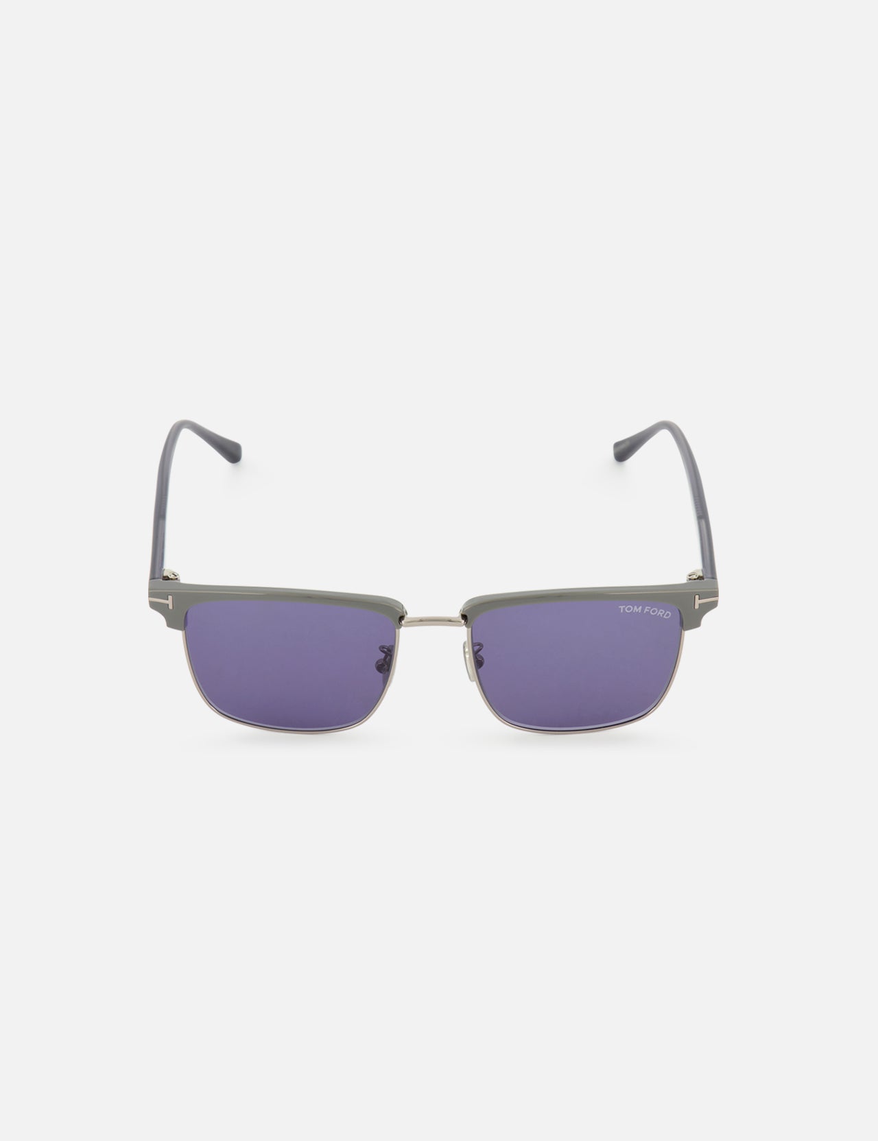 Tom Ford Hudson Square Brown Sunglasses featuring square-frame half-rims with purple lenses, a silver bridge, and gray brow accents.