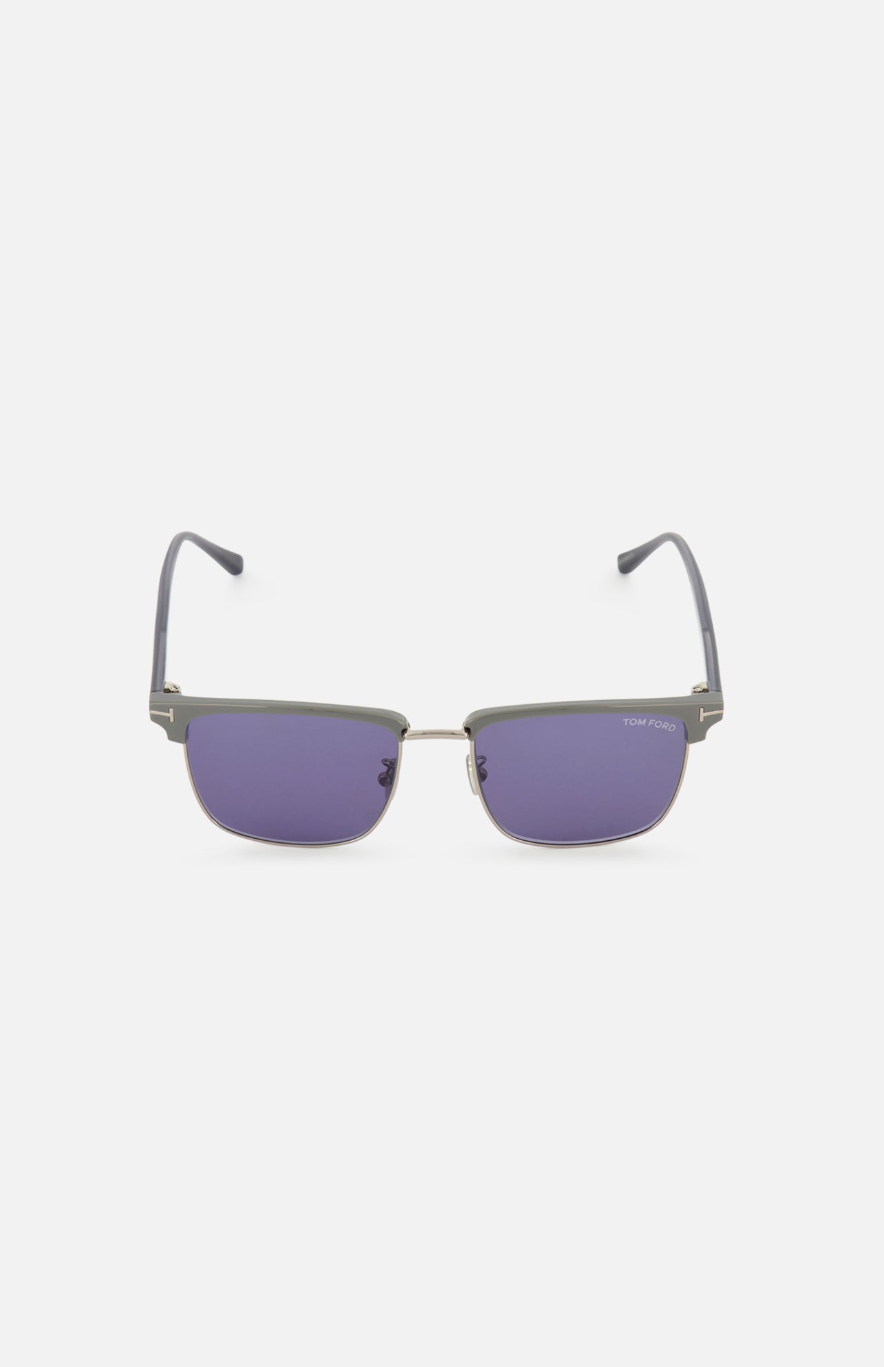 Tom Ford Hudson Square Brown Sunglasses featuring square-frame half-rims with purple lenses, a silver bridge, and gray brow accents.