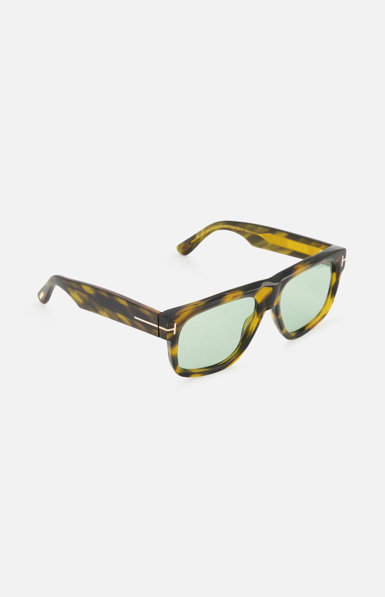 Tom Ford Icon Geometric Brown Sunglasses in a tortoiseshell pattern with light green lenses.