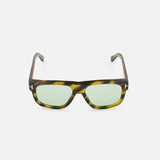 Tom Ford Icon Geometric Brown Sunglasses with rectangular, geometric tortoiseshell frames and light green lenses.