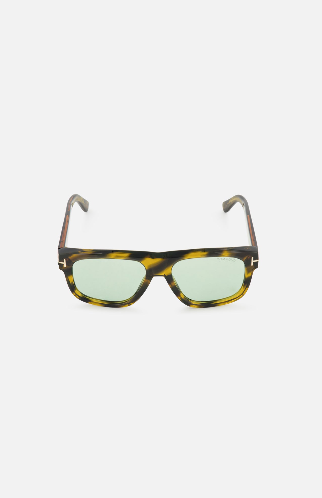 Tom Ford Icon Geometric Brown Sunglasses with rectangular, geometric tortoiseshell frames and light green lenses.