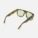 Tom Ford Icon Geometric Brown Sunglasses with a tortoiseshell frame, flat brow line, and green lenses, viewed from the rear.