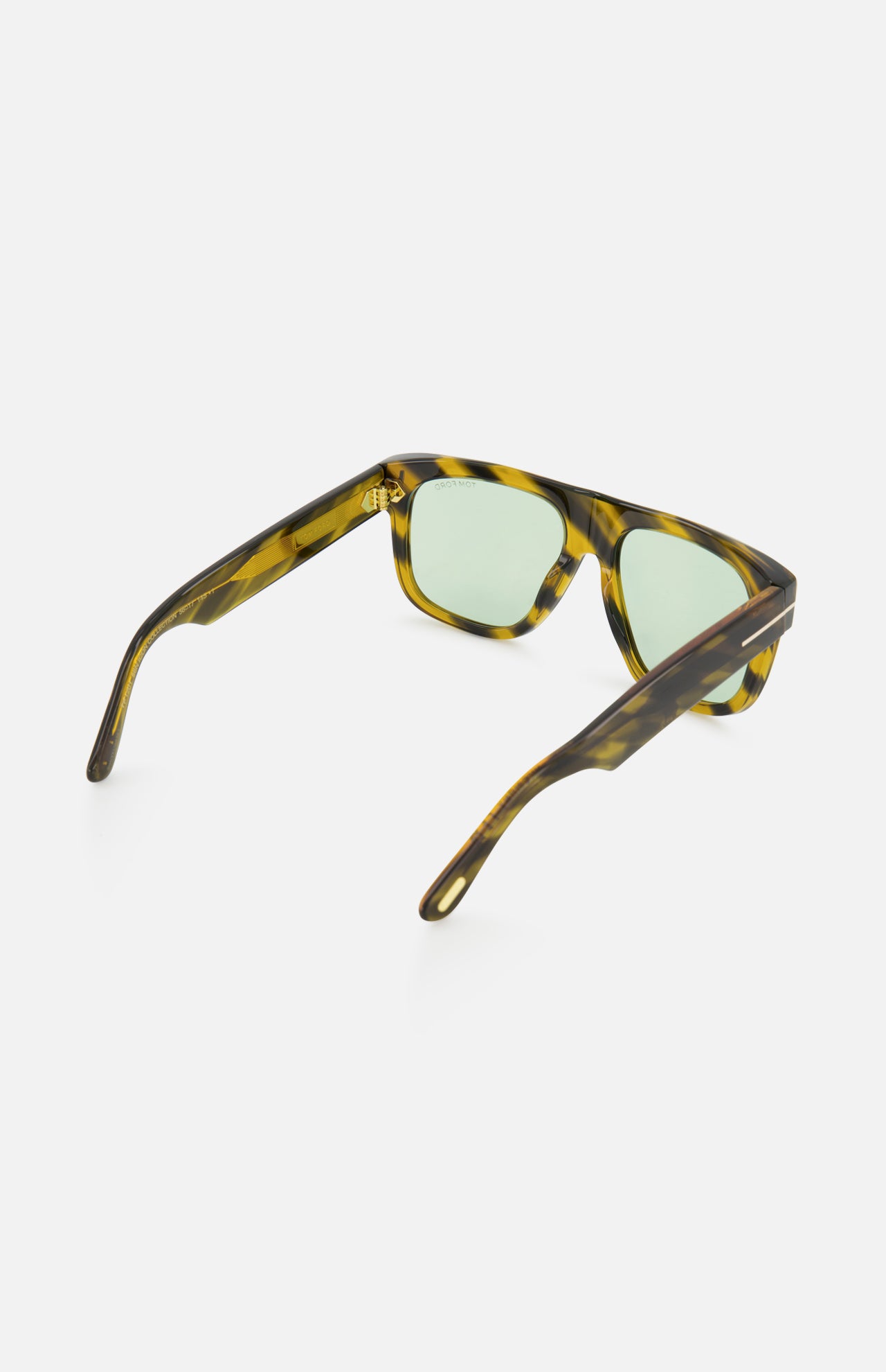 Tom Ford Icon Geometric Brown Sunglasses with a tortoiseshell frame, flat brow line, and green lenses, viewed from the rear.