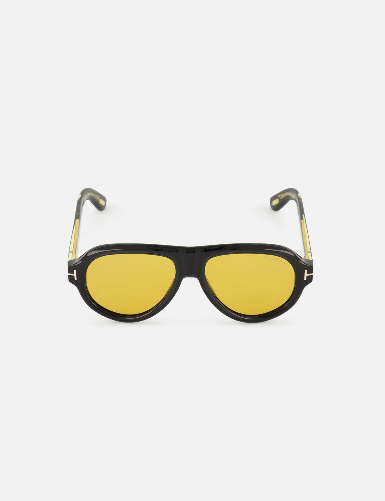 Tom Ford Icon Pilot sunglasses in a black aviator style featuring yellow lenses and gold-tone metal temples.