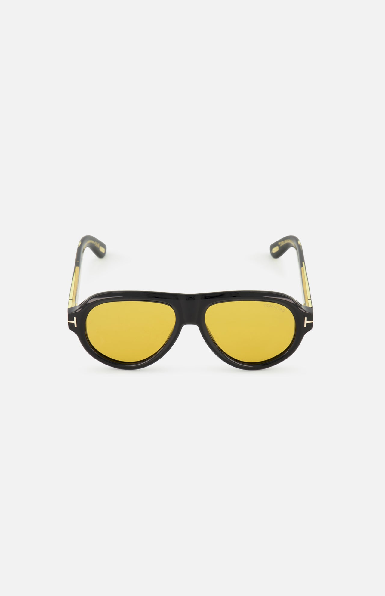 Tom Ford Icon Pilot sunglasses in a black aviator style featuring yellow lenses and gold-tone metal temples.