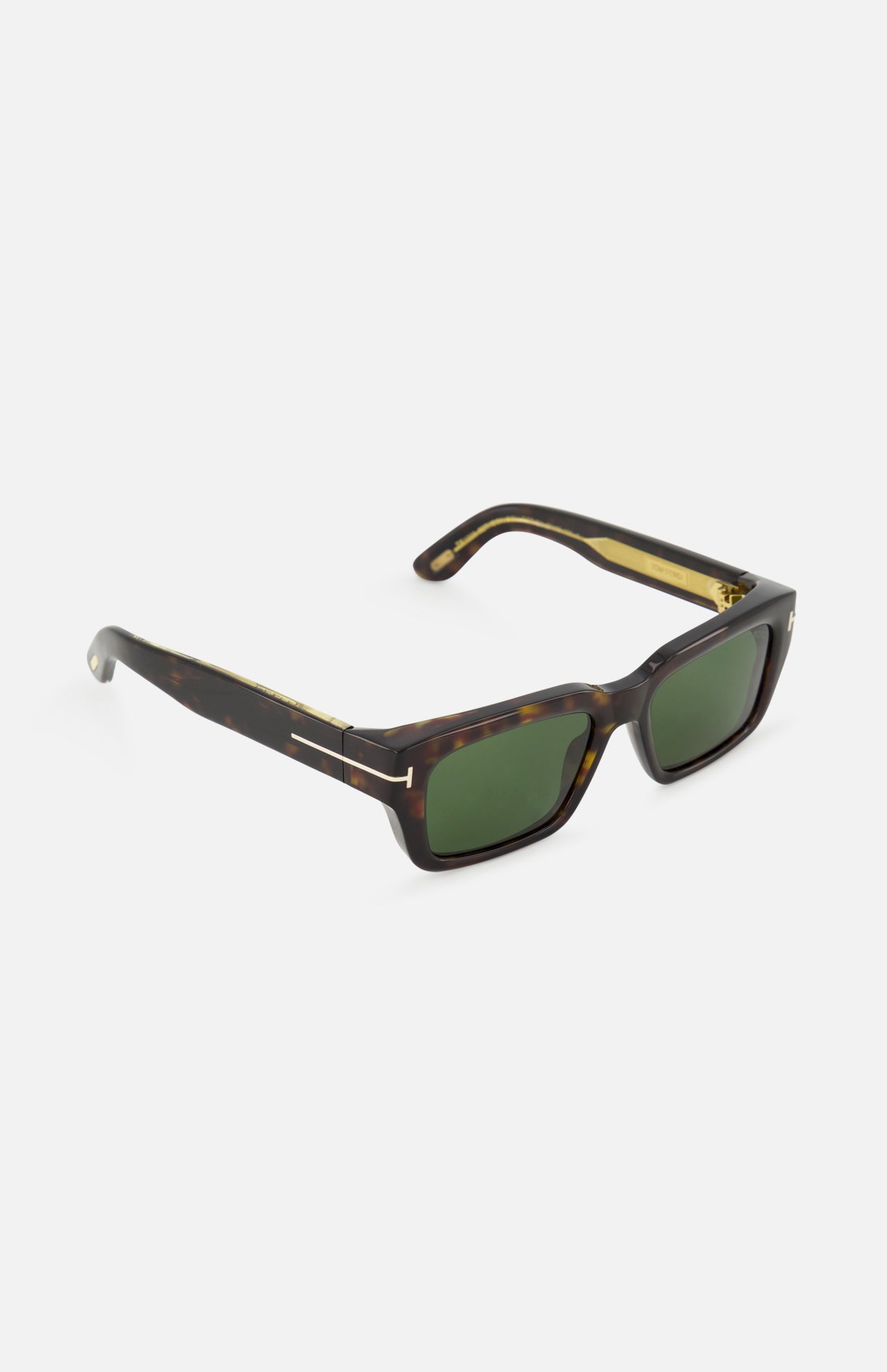 Tom Ford Icon Rectangular Brown Sunglasses featuring a rectangular tortoiseshell frame with dark green lenses and a gold-toned metal T-shaped detail at the temple.