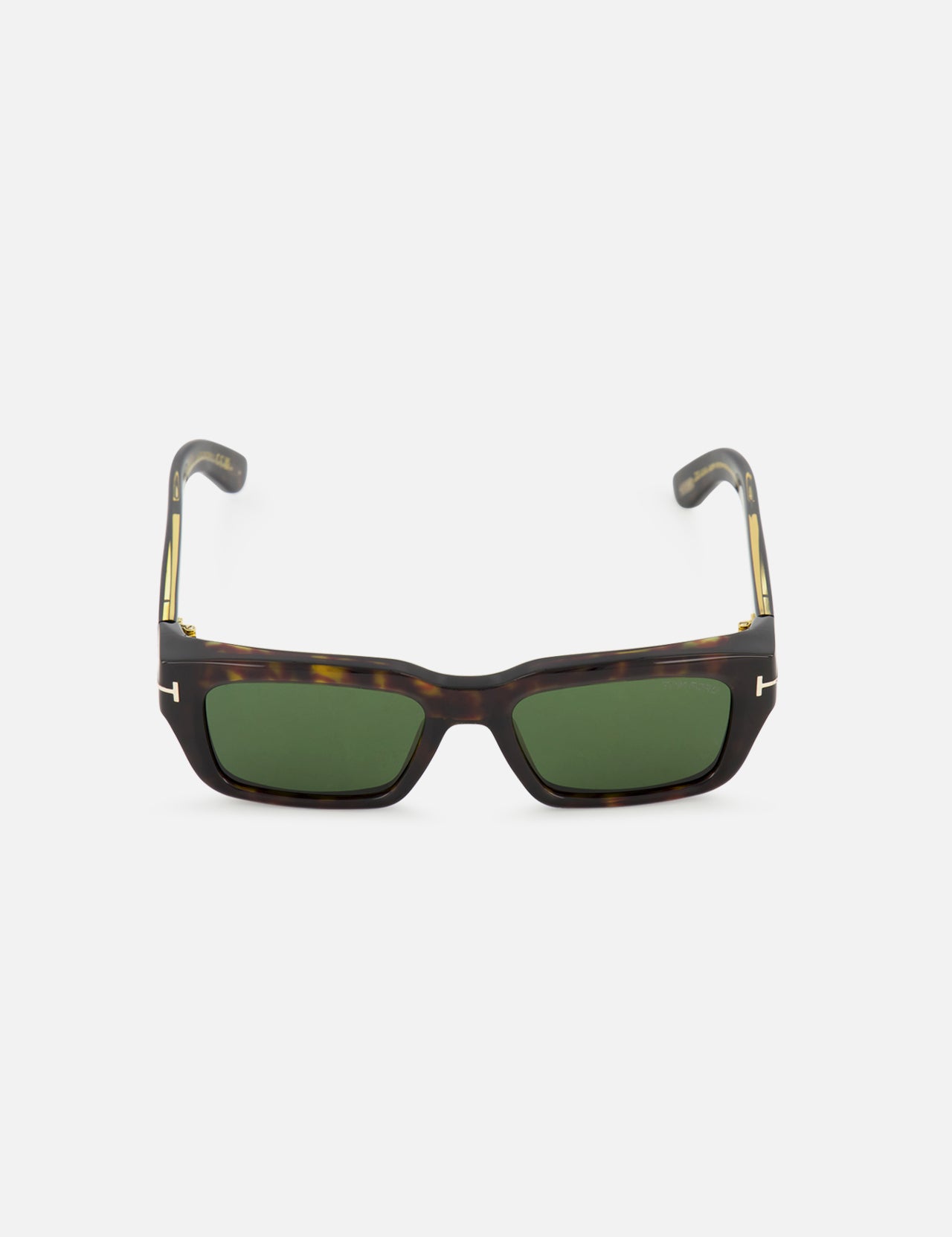 Tom Ford Icon Rectangular Brown Sunglasses in a tortoiseshell pattern with dark green lenses.