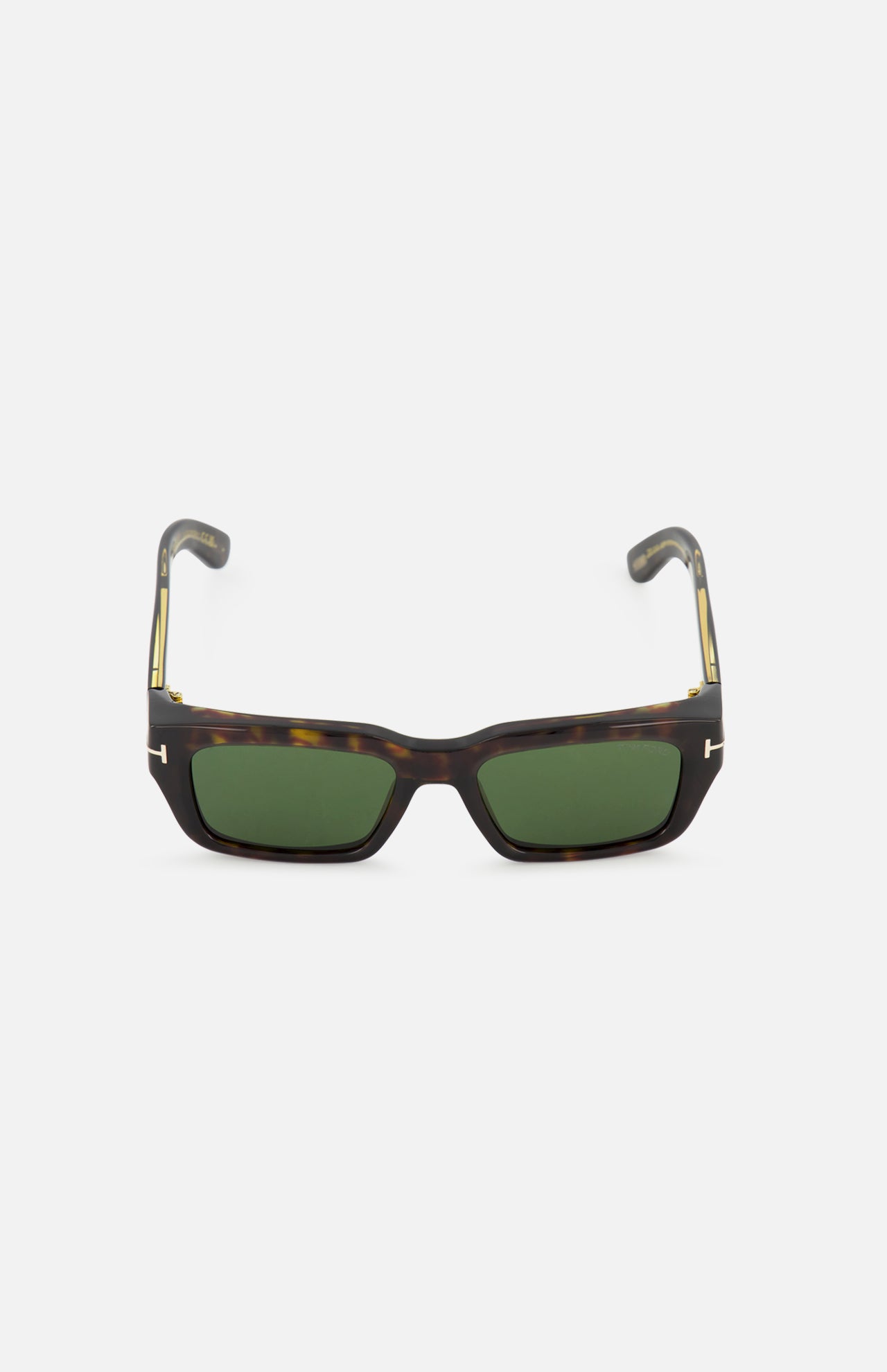 Tom Ford Icon Rectangular Brown Sunglasses in a tortoiseshell pattern with dark green lenses.