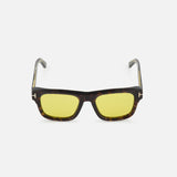 Tom Ford Icon Square Brown Sunglasses with square tortoiseshell frames, golden yellow lenses, and gold T-shaped temple hinges.