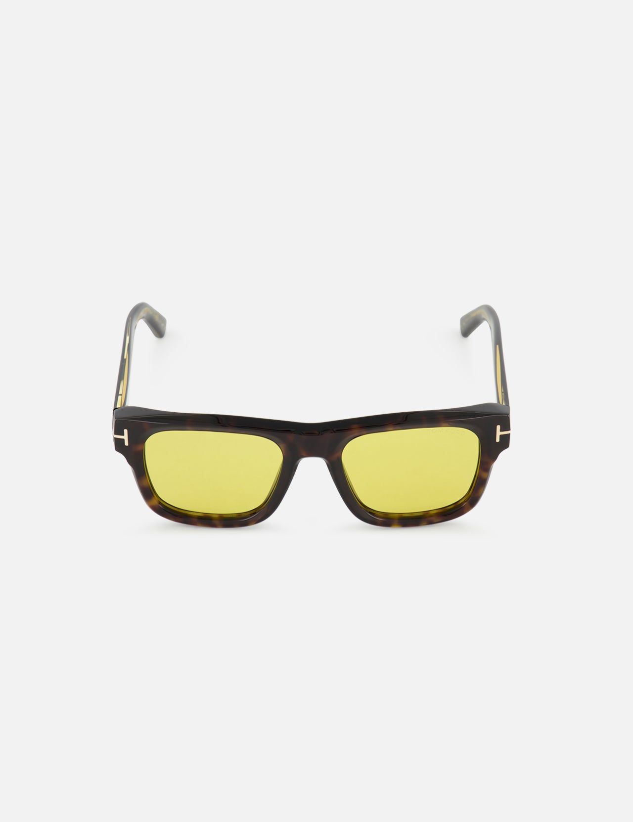 Tom Ford Icon Square Brown Sunglasses with square tortoiseshell frames, golden yellow lenses, and gold T-shaped temple hinges.