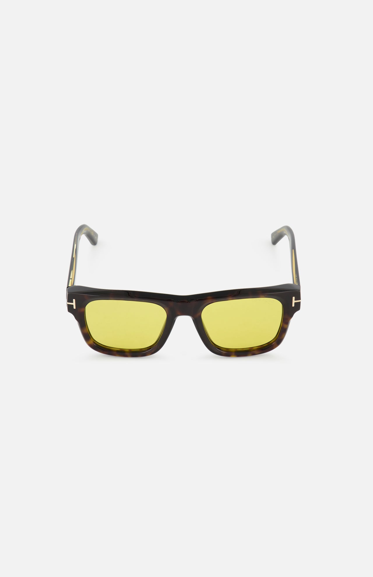 Tom Ford Icon Square Brown Sunglasses with square tortoiseshell frames, golden yellow lenses, and gold T-shaped temple hinges.