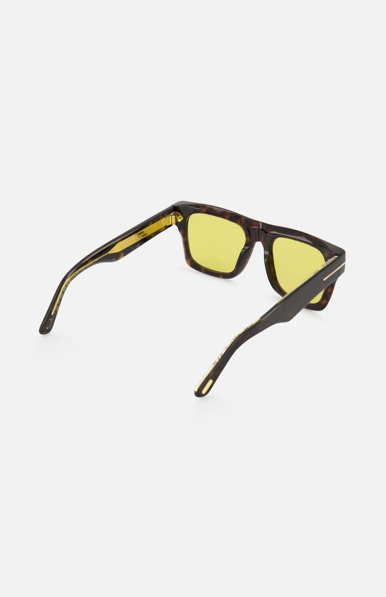 Rear view of Tom Ford Icon Square Brown Sunglasses featuring square tortoiseshell frames and golden yellow lenses.