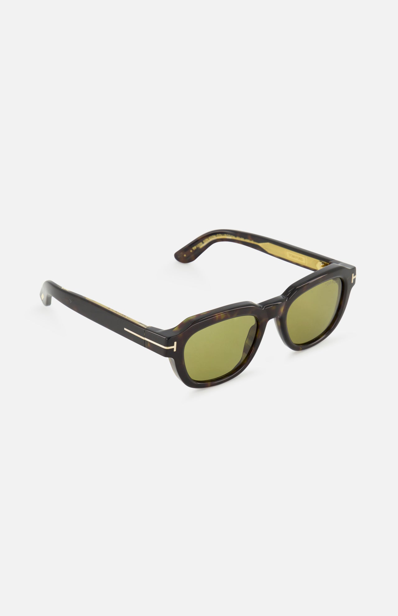 Tom Ford Icon Square Brown sunglasses in a square-framed tortoiseshell design, featuring gold-toned temple accents and green-tinted lenses.