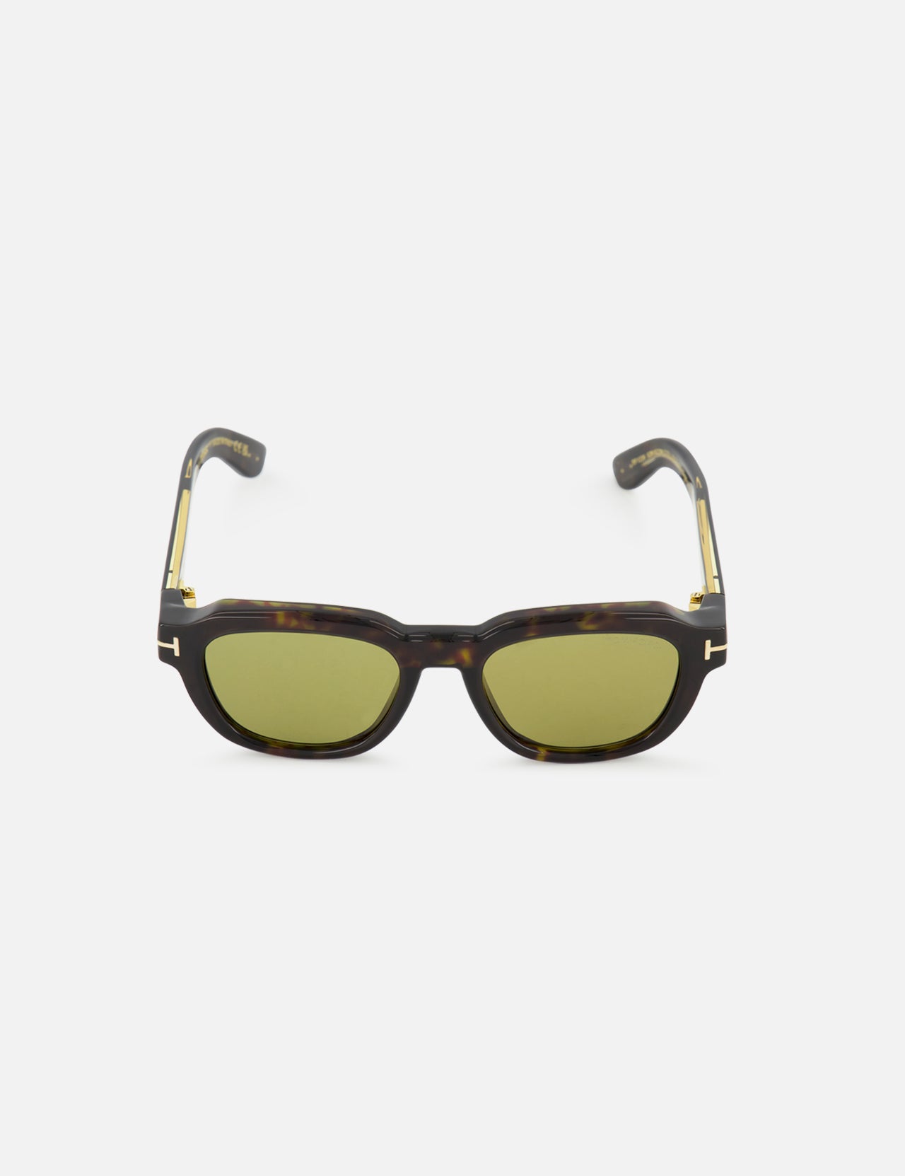 Tom Ford Icon Square Brown Sunglasses with square-framed tortoiseshell rims, green-tinted lenses, and gold-tone metal accents at the temples.