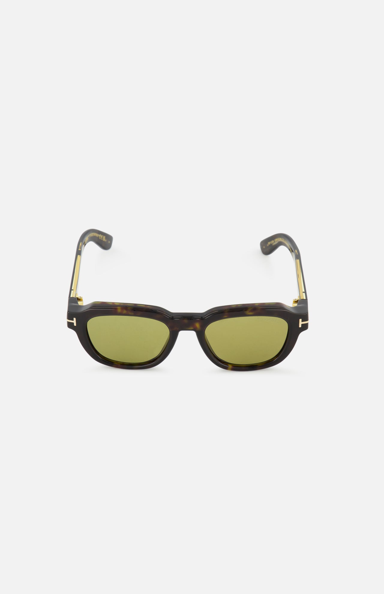 Tom Ford Icon Square Brown Sunglasses with square-framed tortoiseshell rims, green-tinted lenses, and gold-tone metal accents at the temples.