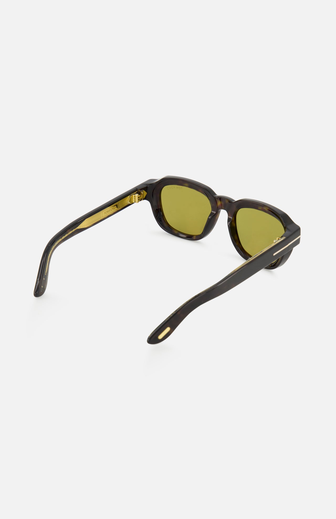 Tom Ford Icon Square Brown Sunglasses featuring a square tortoiseshell frame with green-tinted lenses and gold accents on the temples.