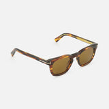 Tom Ford Icon Square Brown Sunglasses featuring square-frame dark brown tortoiseshell, gold T-shaped temple accents, and tinted golden lenses.