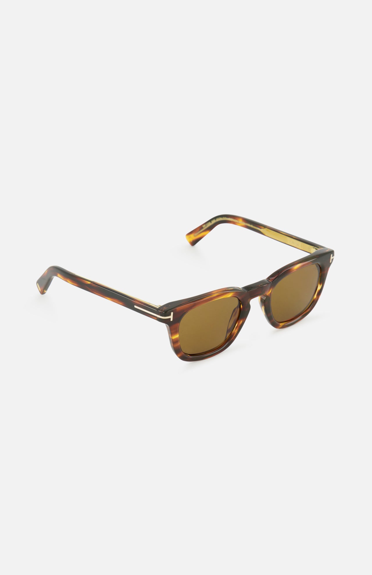 Tom Ford Icon Square Brown Sunglasses featuring square-frame dark brown tortoiseshell, gold T-shaped temple accents, and tinted golden lenses.