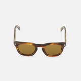 Tom Ford Icon Square Brown Sunglasses with a dark brown tortoiseshell square frame, tinted golden lenses, and metallic T-shaped accents on the temples.