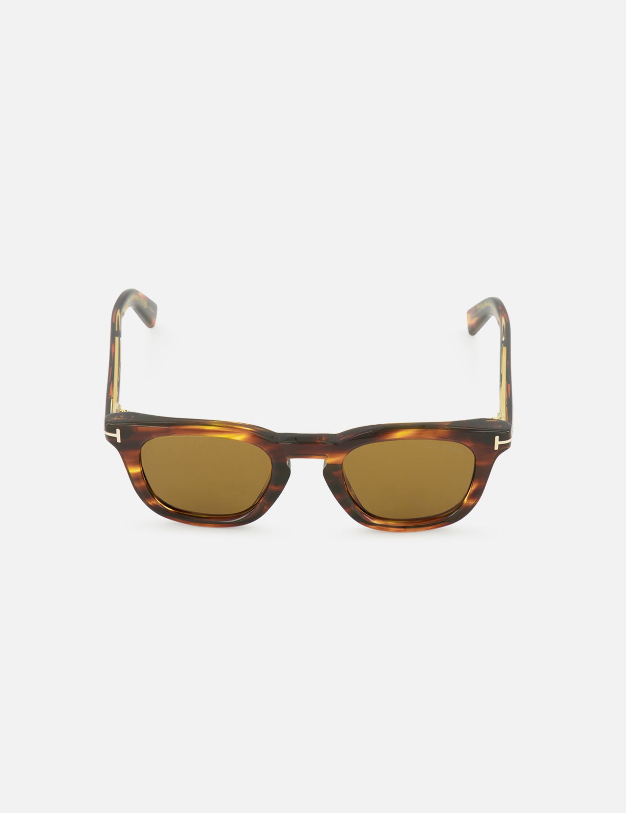 Tom Ford Icon Square Brown Sunglasses with a dark brown tortoiseshell square frame, tinted golden lenses, and metallic T-shaped accents on the temples.