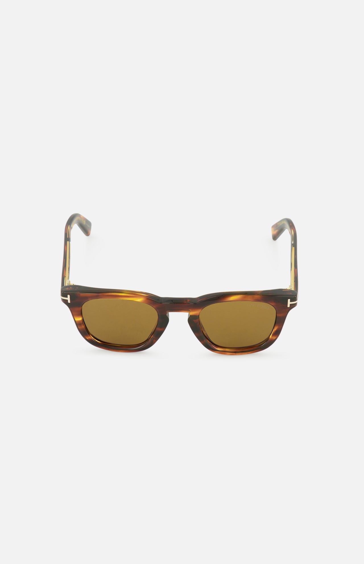 Tom Ford Icon Square Brown Sunglasses with a dark brown tortoiseshell square frame, tinted golden lenses, and metallic T-shaped accents on the temples.