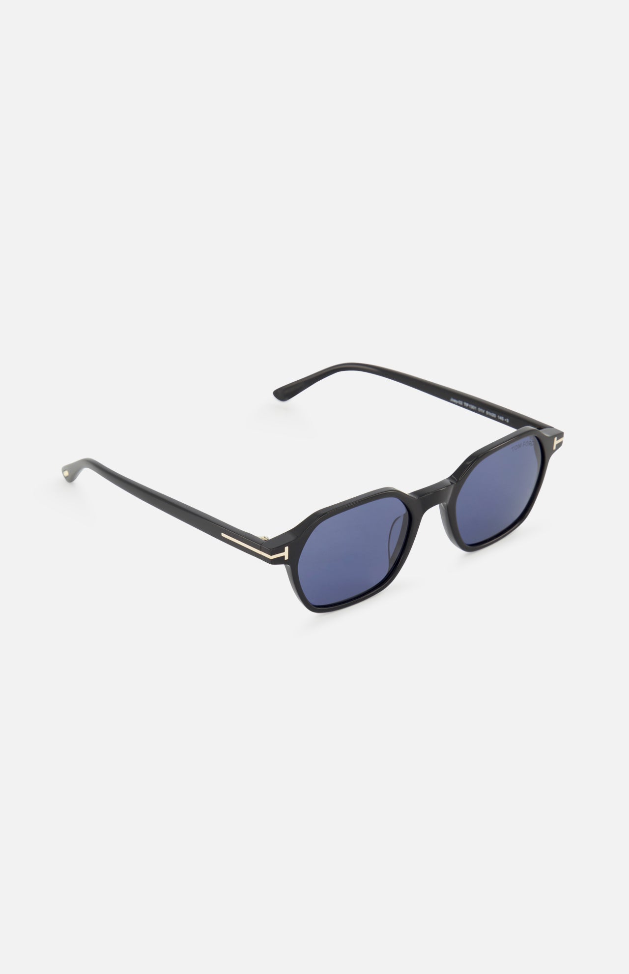 Tom Ford Joey Geometric Black sunglasses with blue tinted lenses and gold T-shaped temple accents.