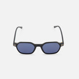 Tom Ford Joey Geometric Black Sunglasses featuring blue tinted lenses and gold-tone T-shaped accents at the hinges.