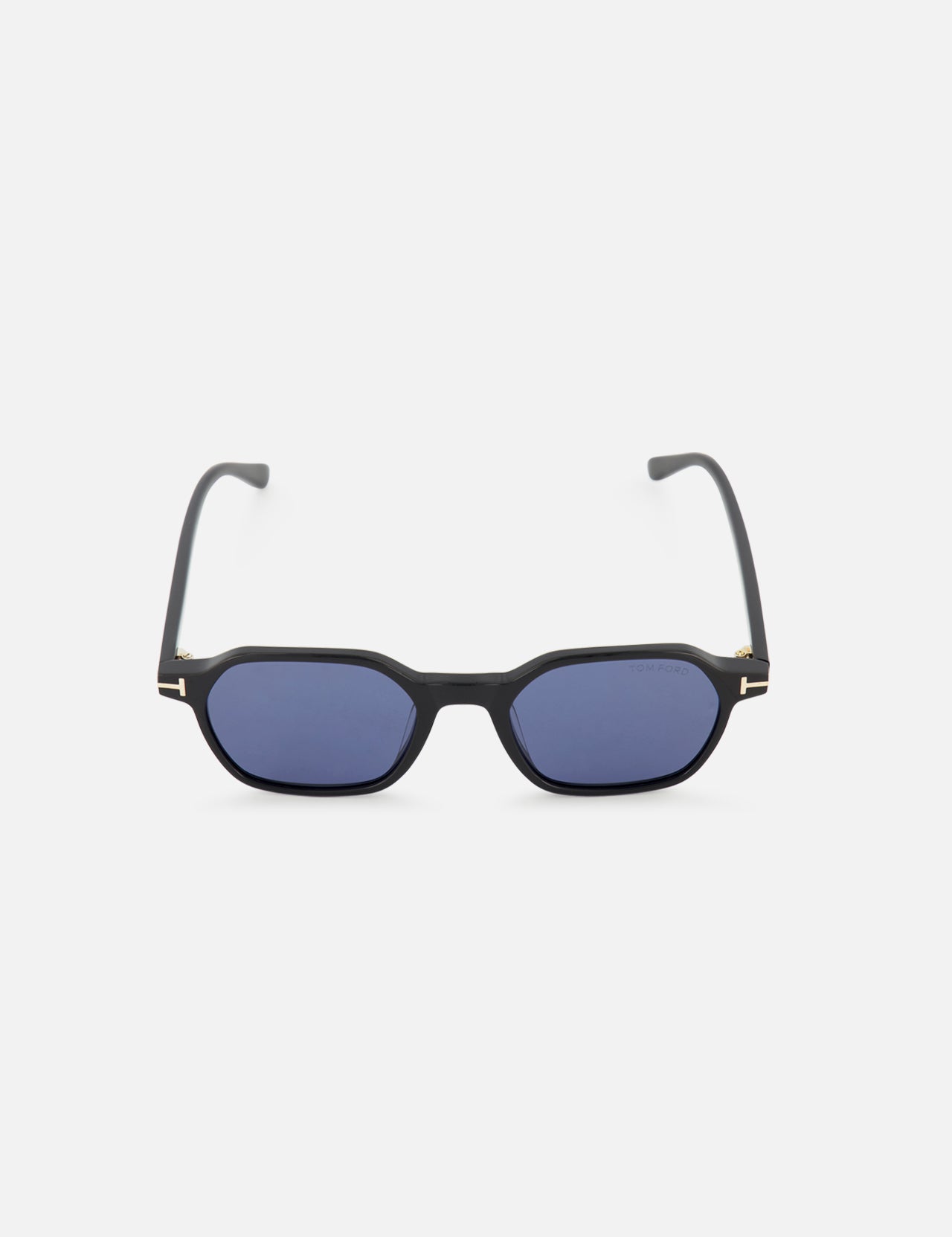 Tom Ford Joey Geometric Black Sunglasses featuring blue tinted lenses and gold-tone T-shaped accents at the hinges.